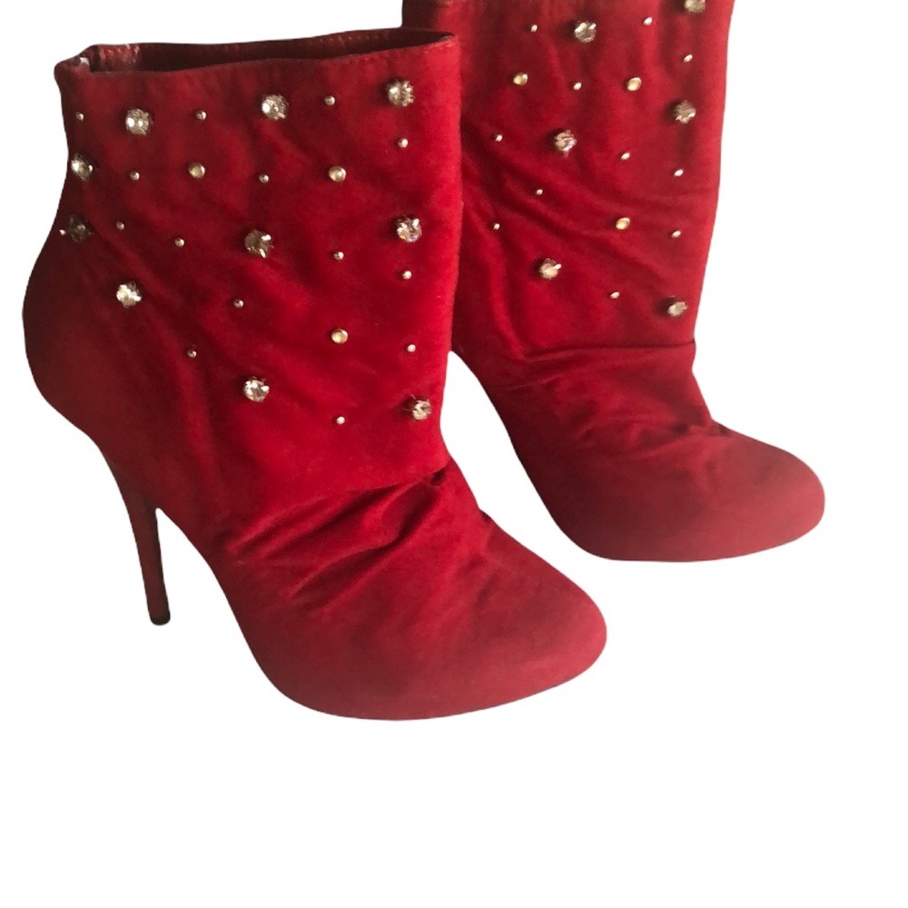 SOLD Liliana Red Suede high heel ankle boots with Rhinestones Size 7